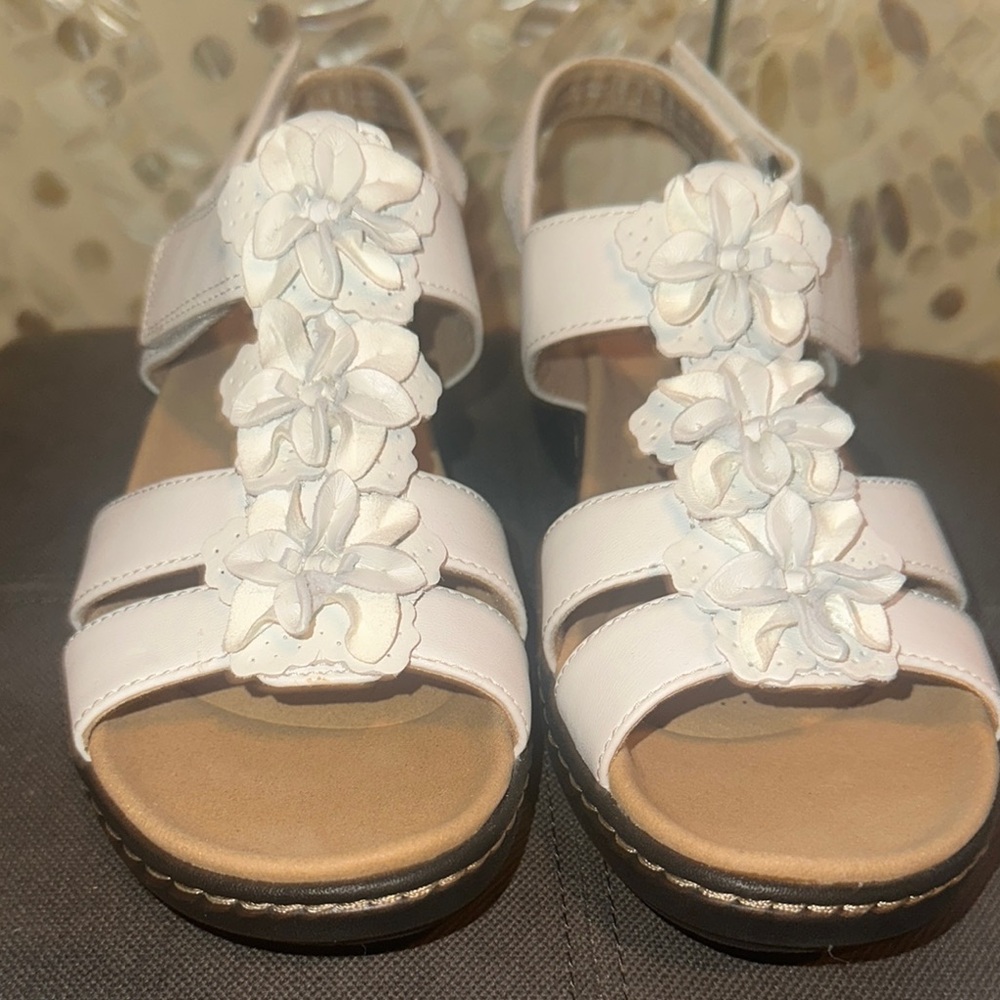 Clarks White Floral Leather Sandals